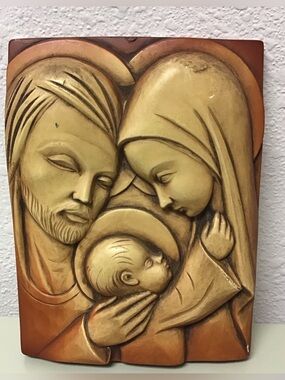 Vintage Holy Family Mary Joseph Jesus 3D Chalkware Christian Wall Decor Italian
